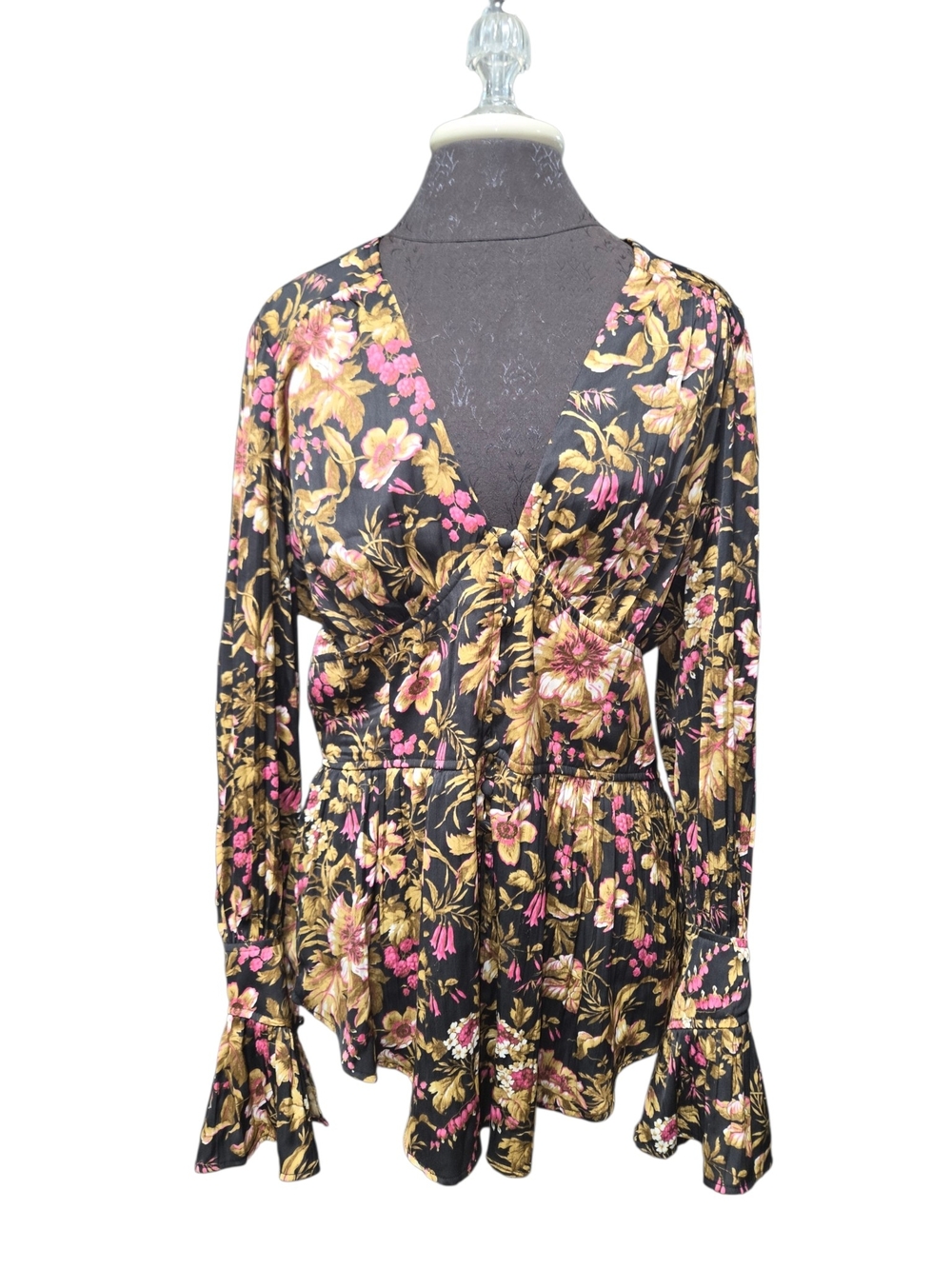 Anthropologie Black Floral V-Neck XL Long-Sleeve Blouse ruffle autumn fall - Picture 3 of 14